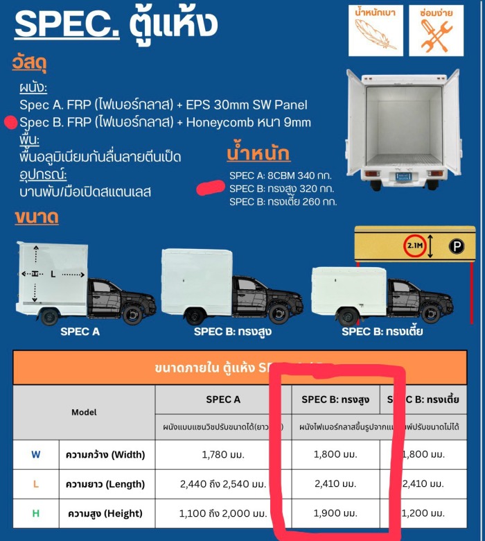 สเปกตู้ทึบไฟเบอร์กลาสรถกระบะ Spec B ทรงสูงขนาดมาตรฐาน สเปกตู้ทึบไฟเบอร์กลาสรถกระบะ Spec B ทรงสูงขนาดมาตรฐาน